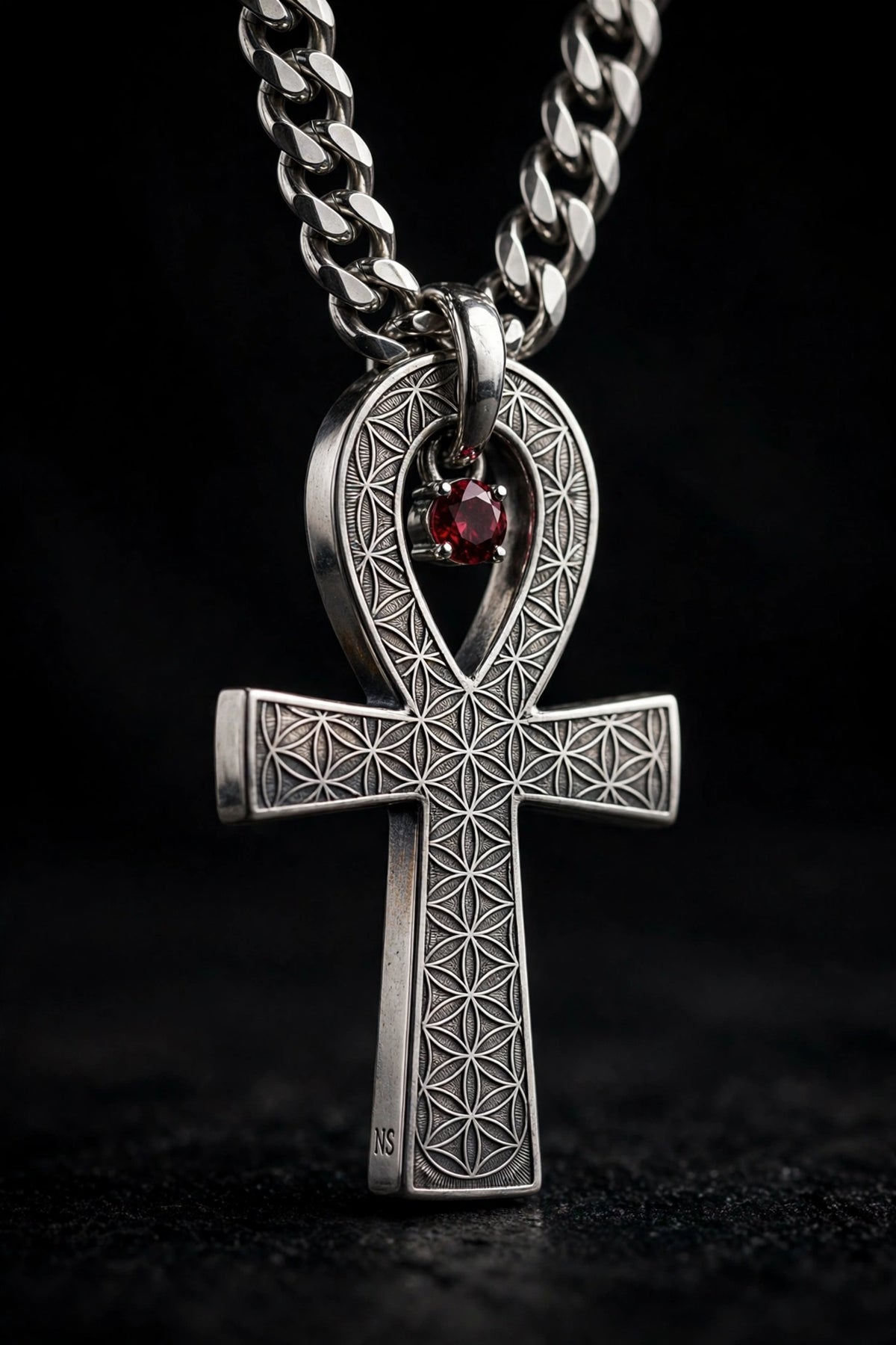 NIGHT SHIFT Ankh Pendant, sacred geometry ankh pendant in metal with NS makers mark