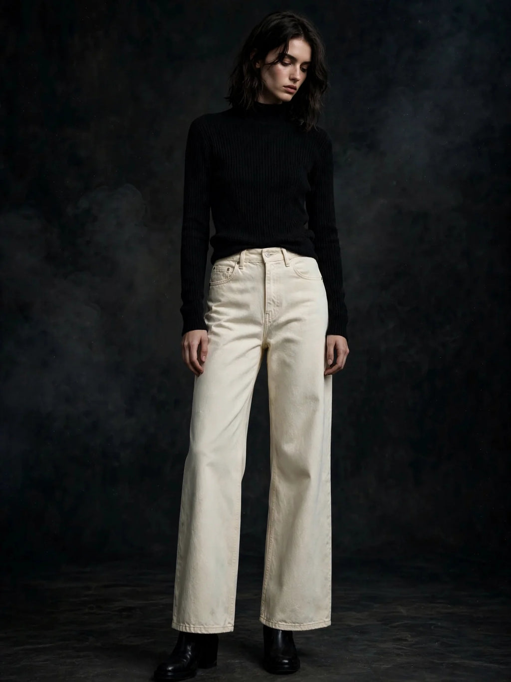 NIGHT SHIFT Cream Wide-Leg Denim Jeans alternate view