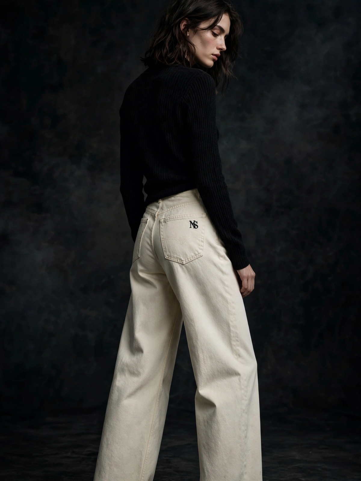 NIGHT SHIFT Cream Wide-Leg Denim Jeans